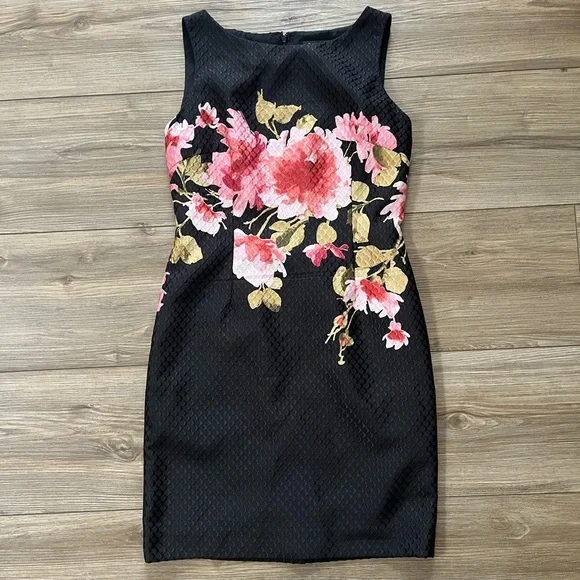 Tahari ASL Floral Black Dress 6 petite - Picture 3 of 8
